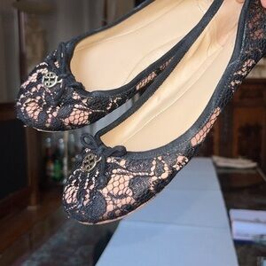 TORY BURCH Solid Black lace pail rose,Ballerina Flats Gold Accent, 7.5M , used!